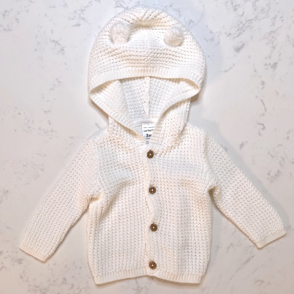 NWOT Carter’s Baby Organic Cotton Knit Button-up Hooded Cardigan w/ Ears, 3 mo